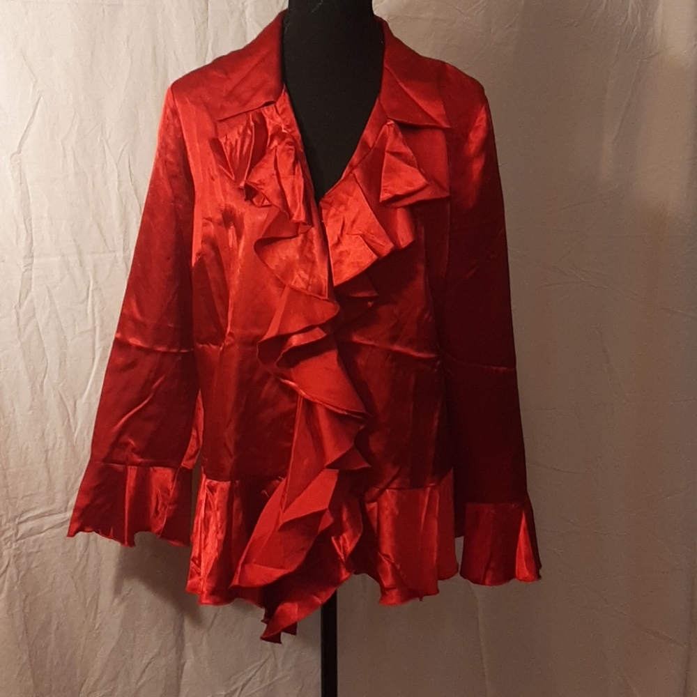 Vintage red satin blouse with ruffles 14W